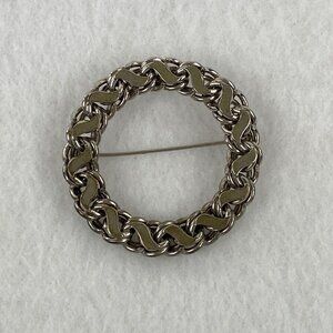 H.S.B. Sterling Silver Brooch, Flat Link Round Circle Pin Minimalist Vintage